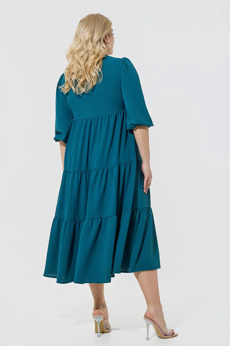 Midi Φόρεμα Αέρινο με Βολάν – Πετρόλ