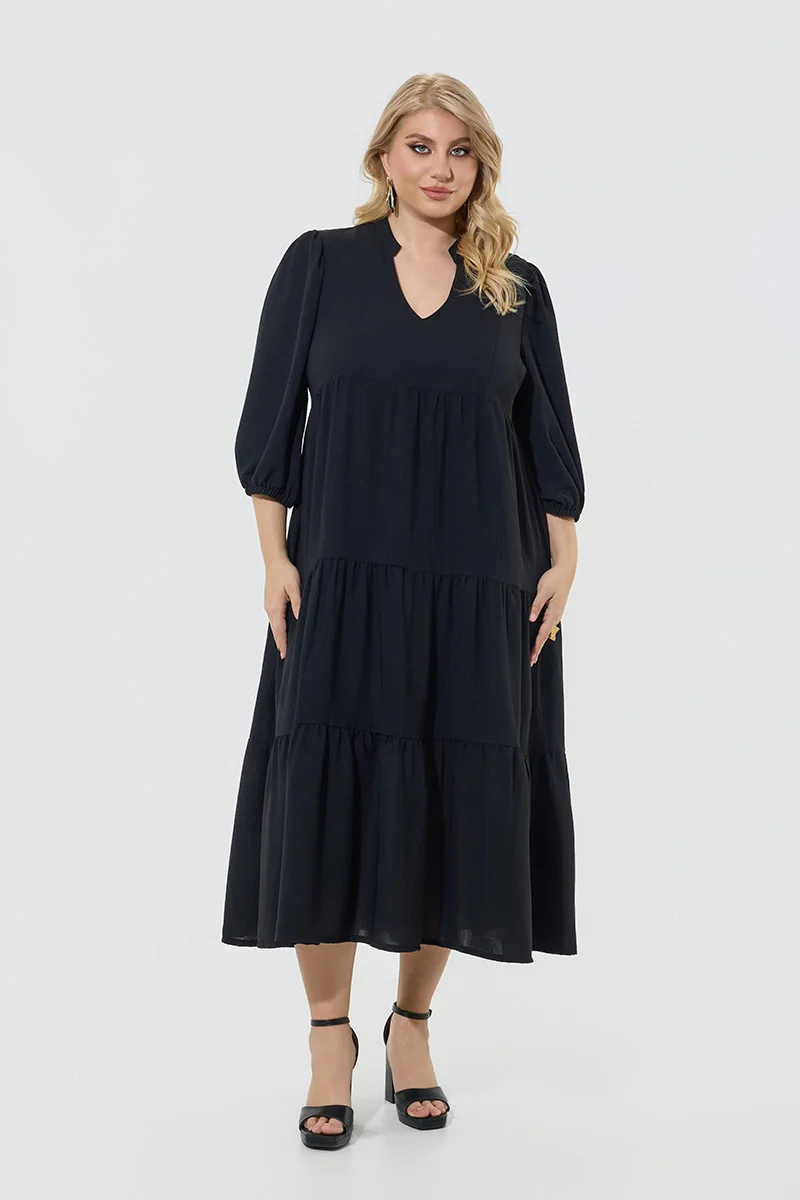 Midi Φόρεμα Αέρινο με Βολάν-Μαύρο