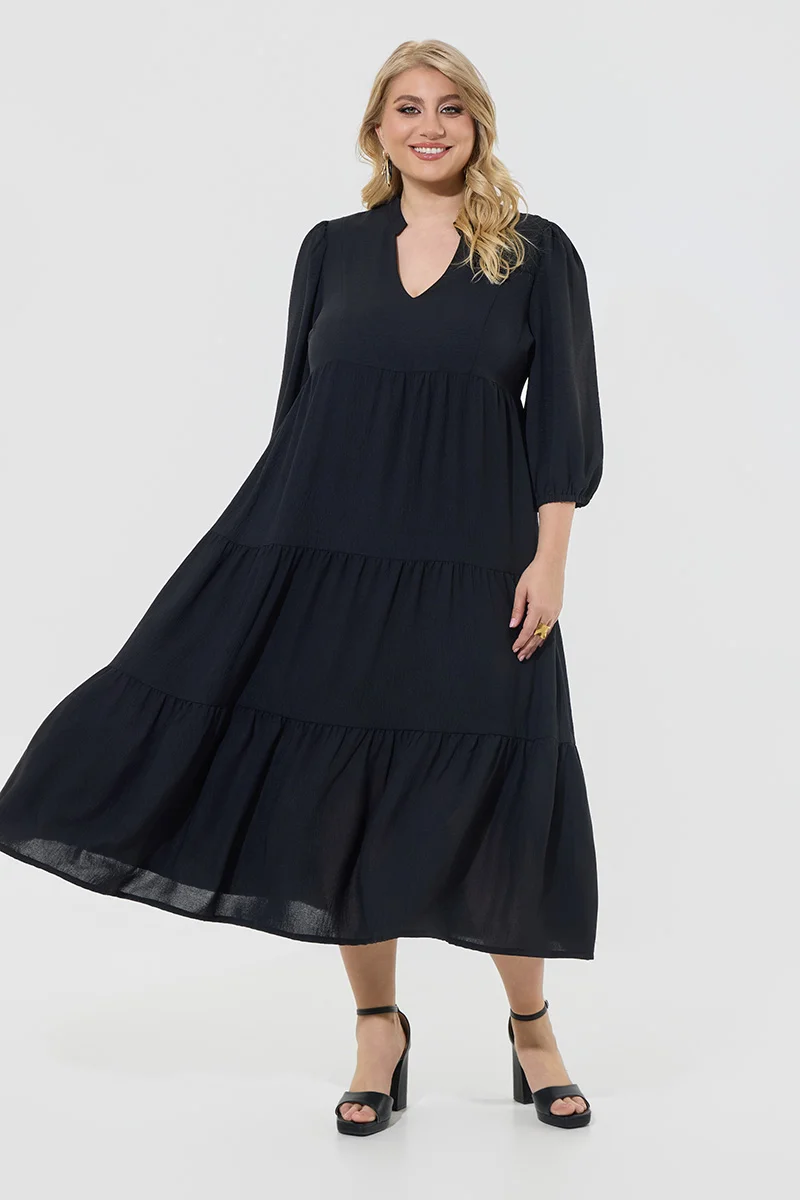 Midi Φόρεμα Αέρινο με Βολάν-Μαύρο