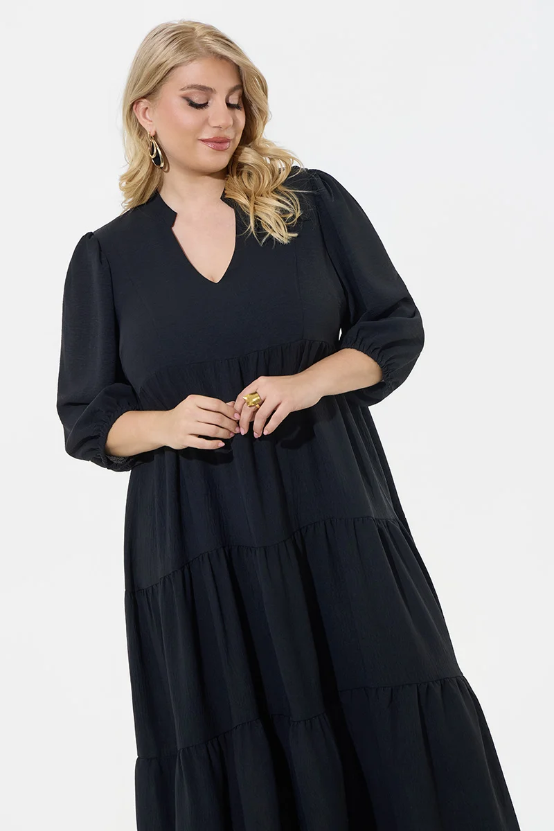 Midi Φόρεμα Αέρινο με Βολάν-Μαύρο