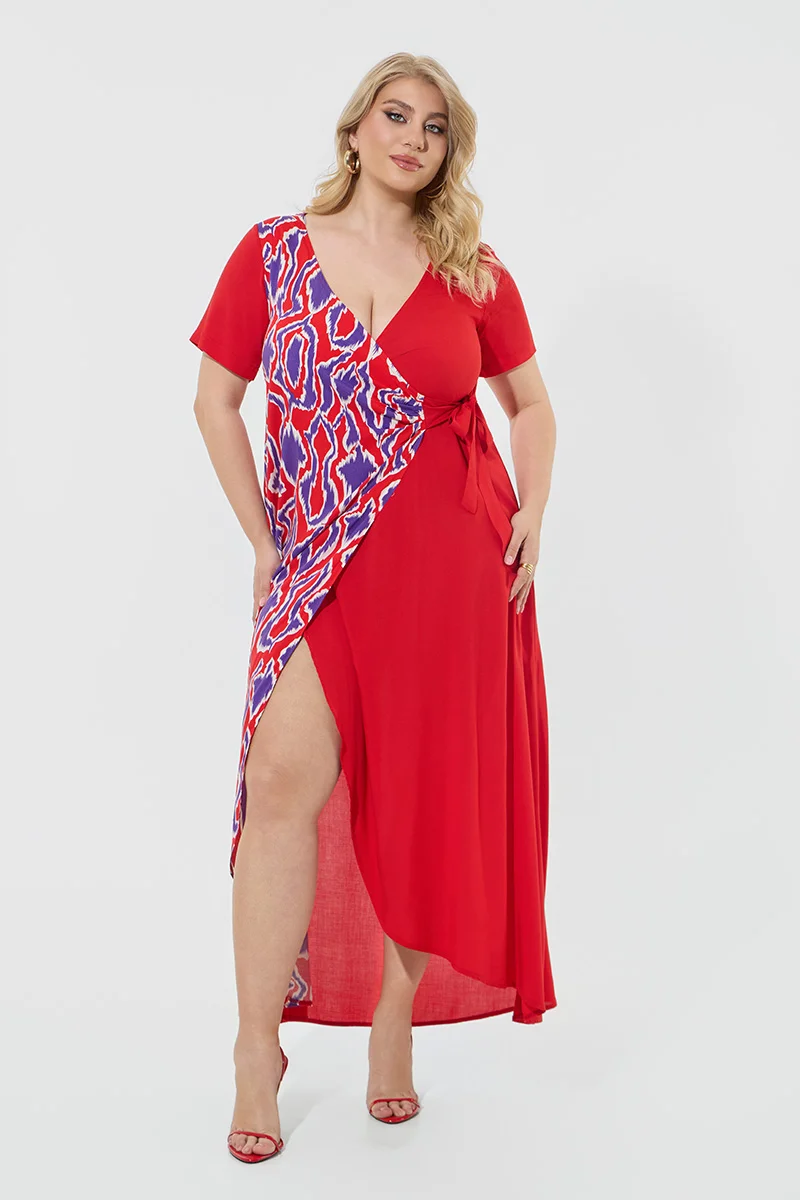 Φόρεμα Maxi Κρουαζέ Plus Size Κόκκινο