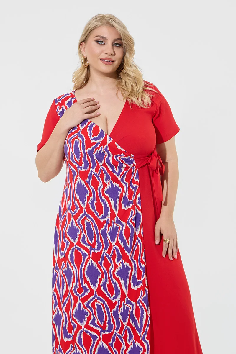 Φόρεμα Maxi Κρουαζέ Plus Size Κόκκινο
