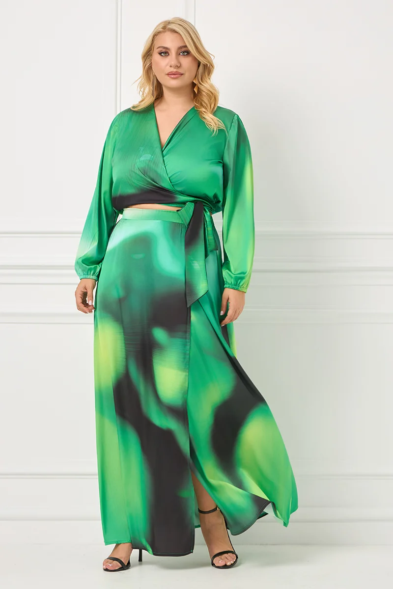 Σατέν Plus Size Σετ Φούστα – Μπλούζα Εμπριμέ