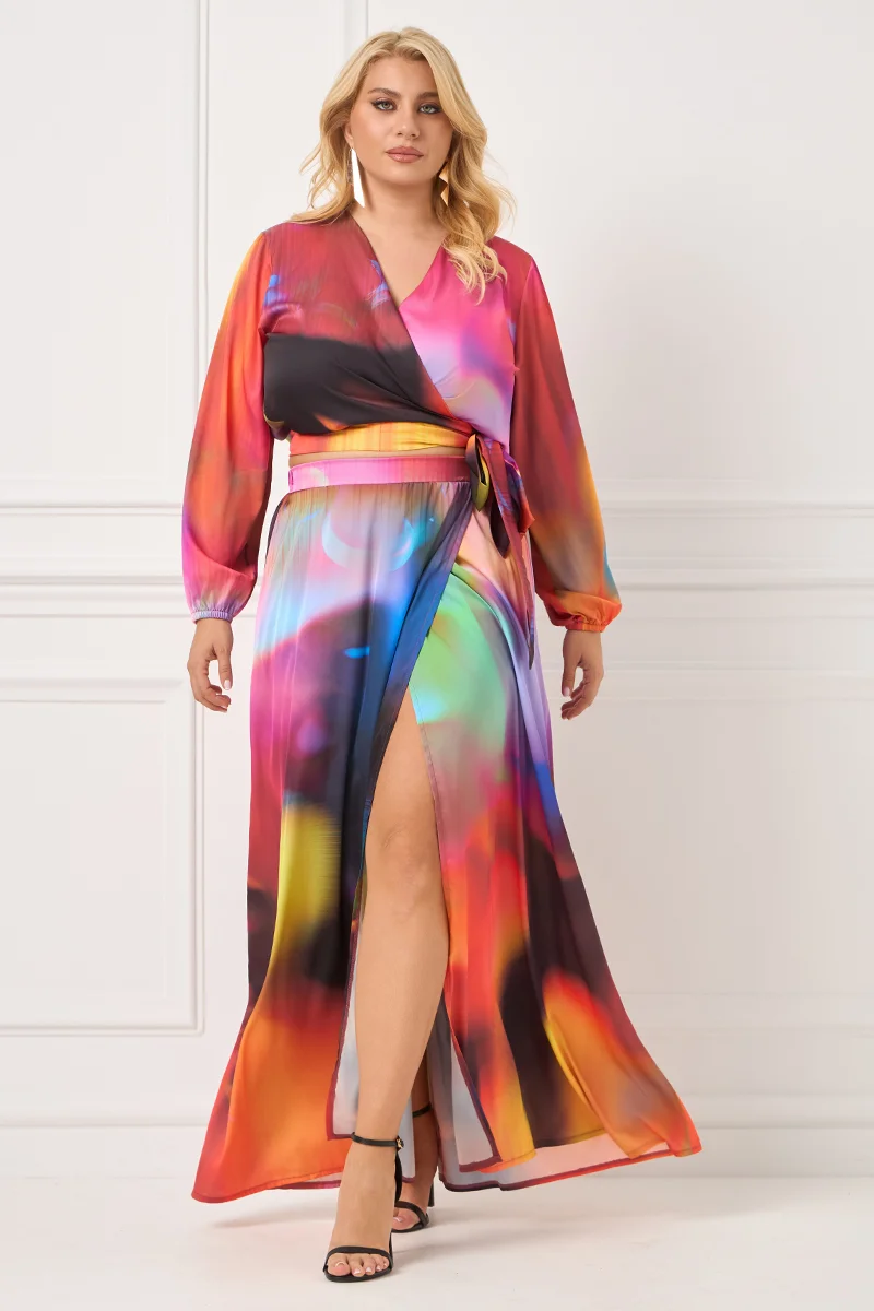 Plus Size Σετ Φούστα – Μπλούζα Εμπριμέ Σατέν 