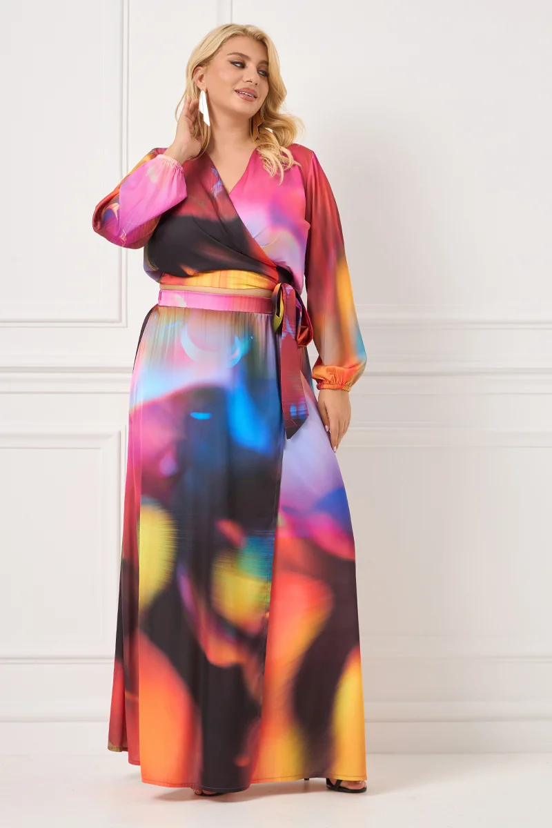 Plus Size Σετ Φούστα – Μπλούζα Εμπριμέ Σατέν 
