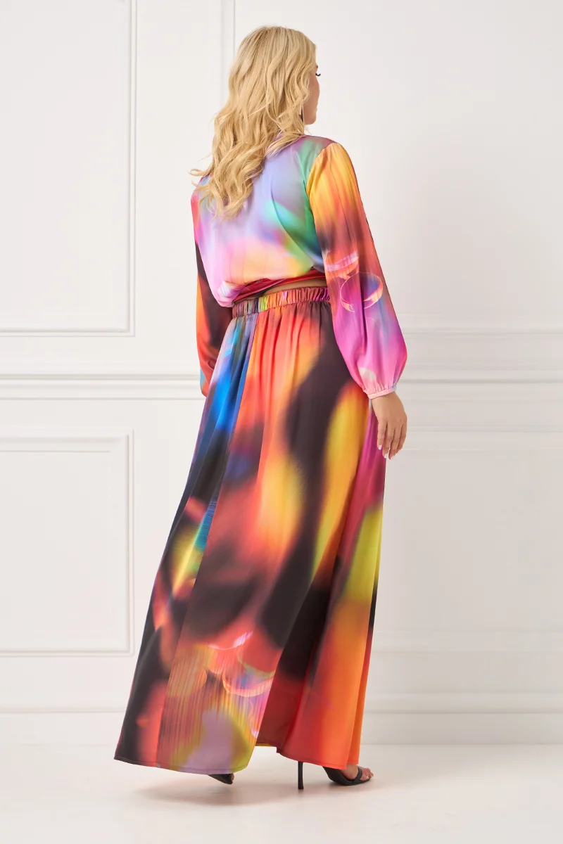 Plus Size Σετ Φούστα – Μπλούζα Εμπριμέ Σατέν 