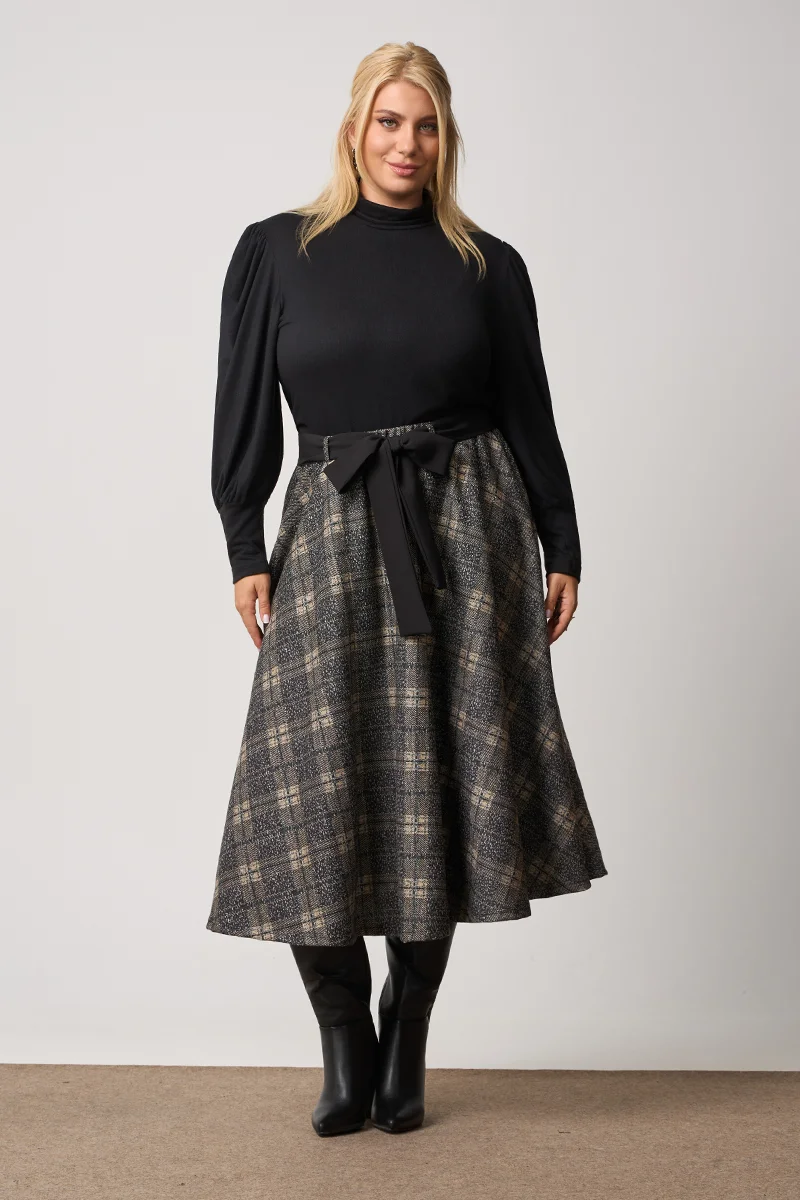  Midi Φούστα Καρό Πόντοστόφα με Ζώνη