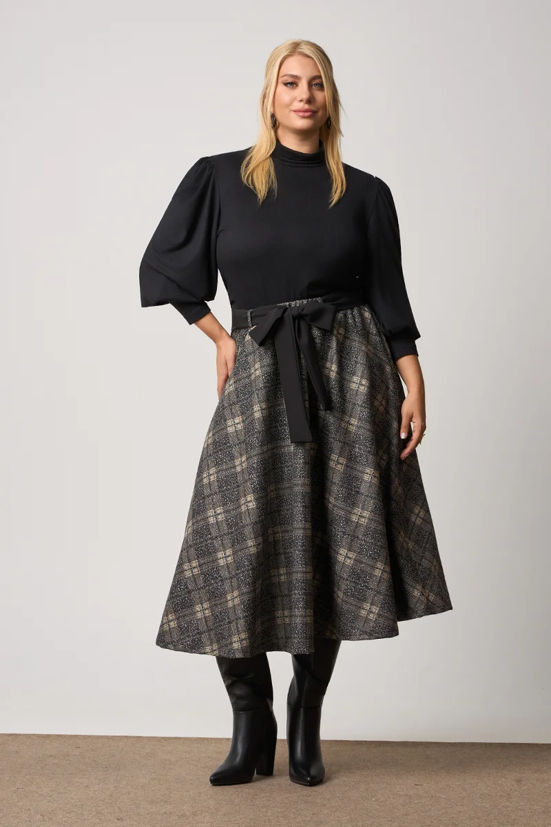  Midi Φούστα Καρό Πόντοστόφα με Ζώνη