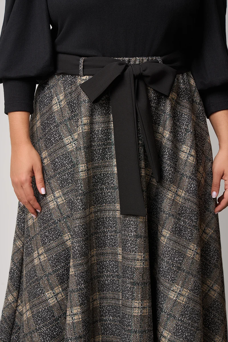  Midi Φούστα Καρό Πόντοστόφα με Ζώνη