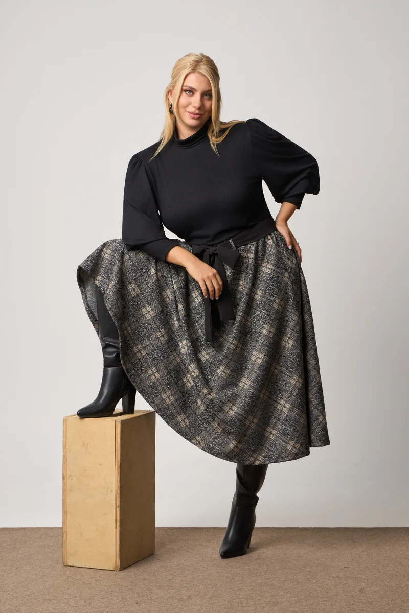  Midi Φούστα Καρό Πόντοστόφα με Ζώνη