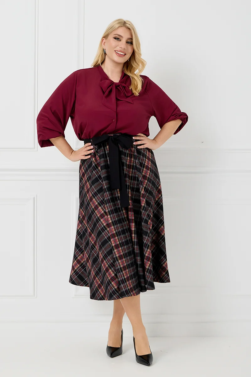  Φούστα Καρό Πόντοστόφα με Ζώνη