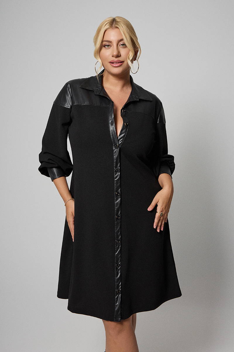 Ελαστικό Shirt Dress με Δερμάτινες Λεπτομέρειες 