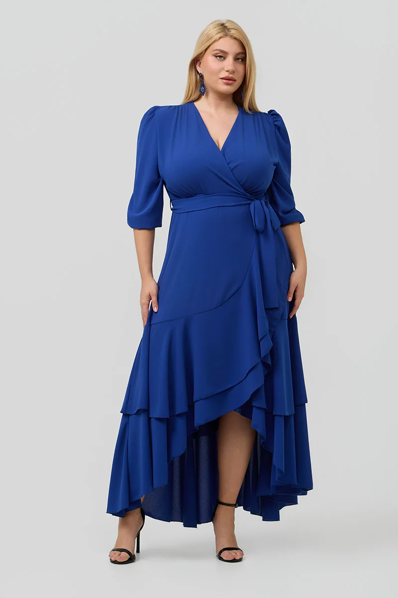 Ασύμμετρο Κρουαζέ Φόρεμα με Βολάν Μπλε Ρουα