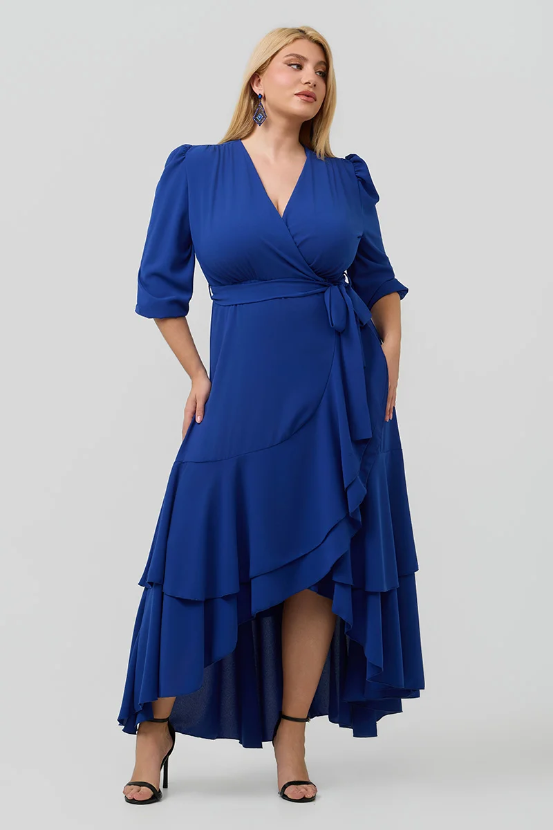 Ασύμμετρο Κρουαζέ Φόρεμα με Βολάν Μπλε Ρουα