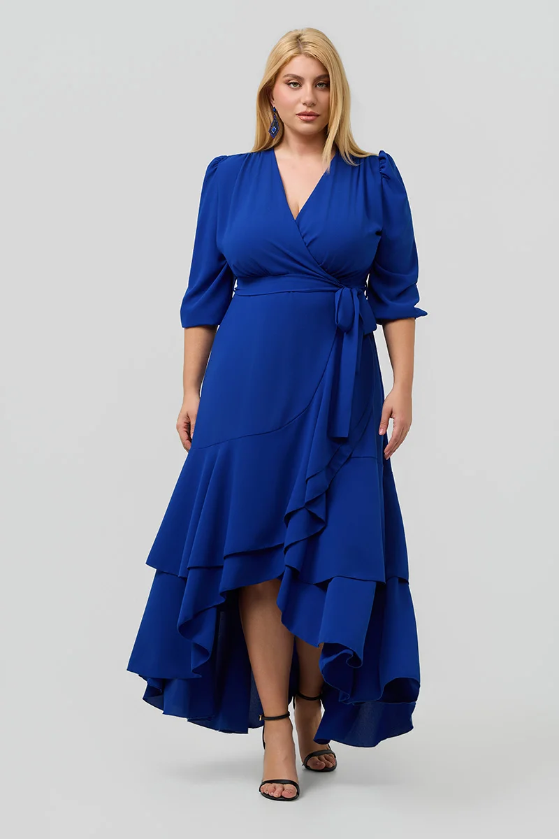 Ασύμμετρο Κρουαζέ Φόρεμα με Βολάν Μπλε Ρουα