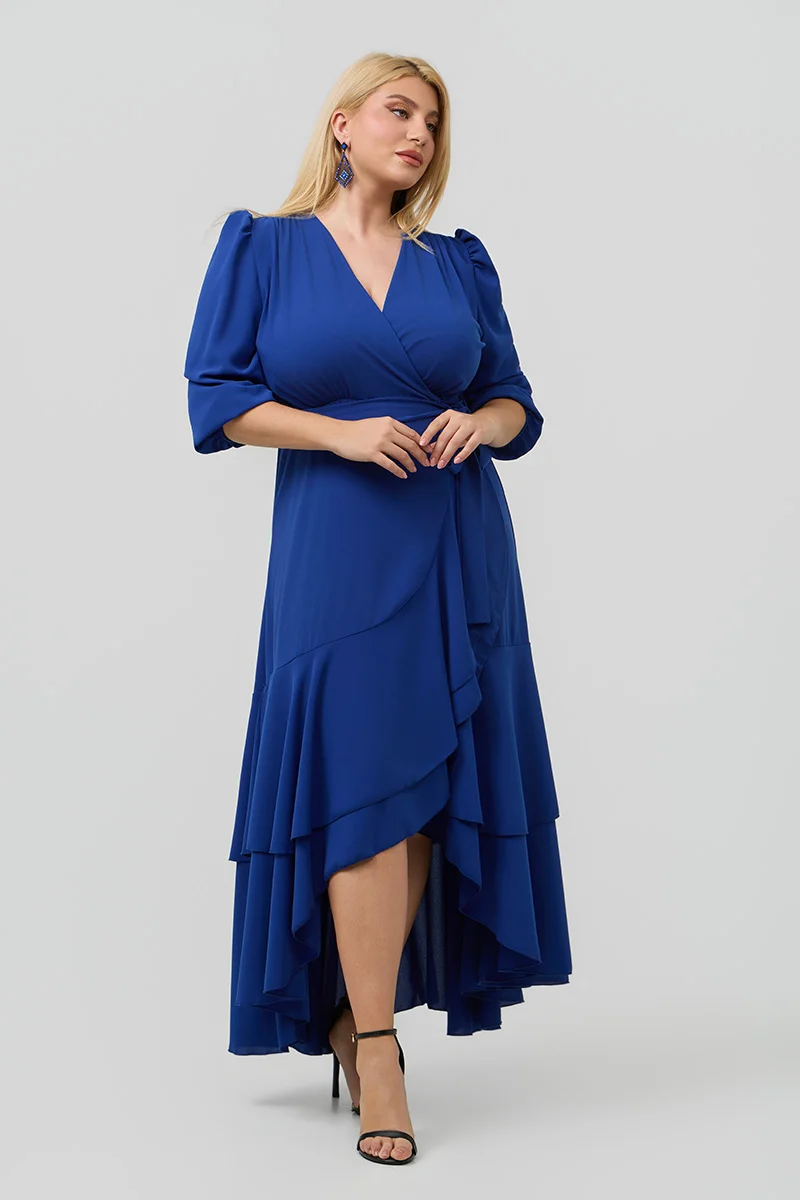 Ασύμμετρο Κρουαζέ Φόρεμα με Βολάν Μπλε Ρουα