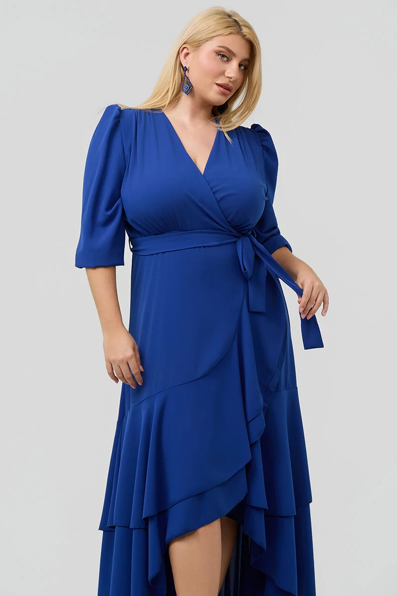 Ασύμμετρο Κρουαζέ Φόρεμα με Βολάν Μπλε Ρουα