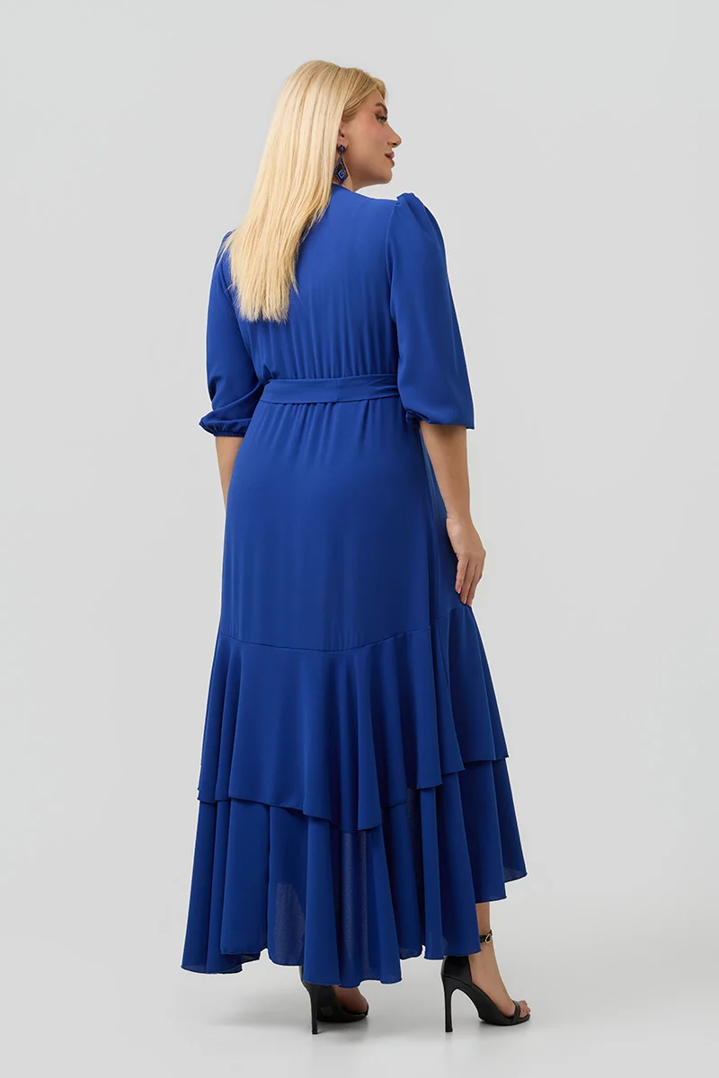 Ασύμμετρο Κρουαζέ Φόρεμα με Βολάν Μπλε Ρουα