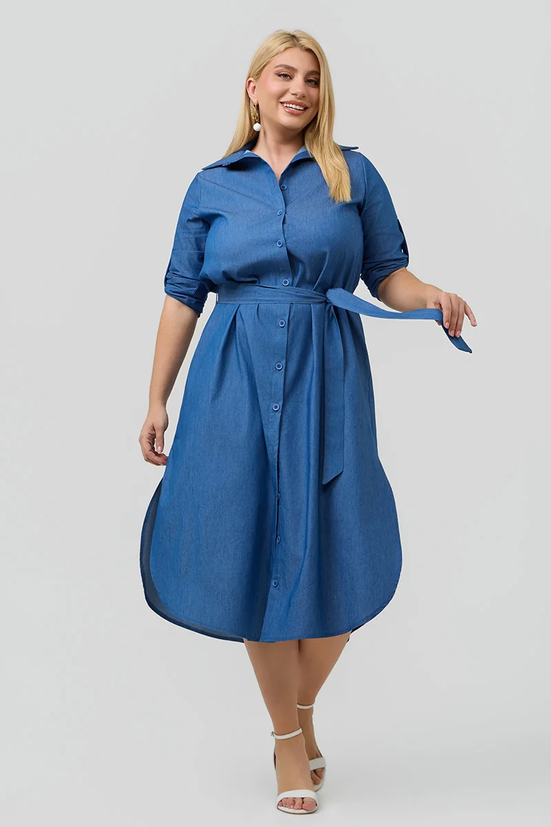 Βαμβακερό Σεμιζιέ Φόρεμα Denim Blue