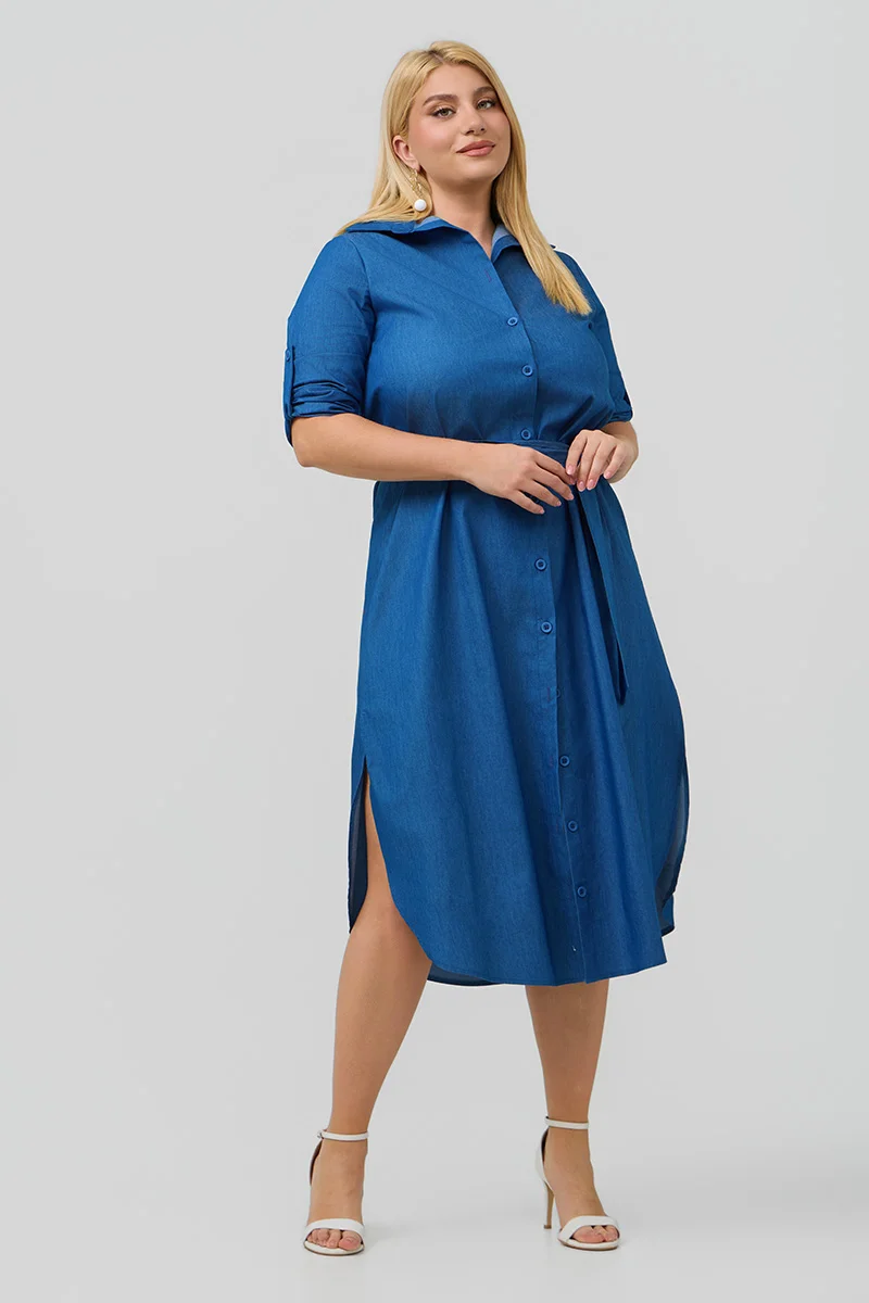 Βαμβακερό Σεμιζιέ Φόρεμα Denim Blue