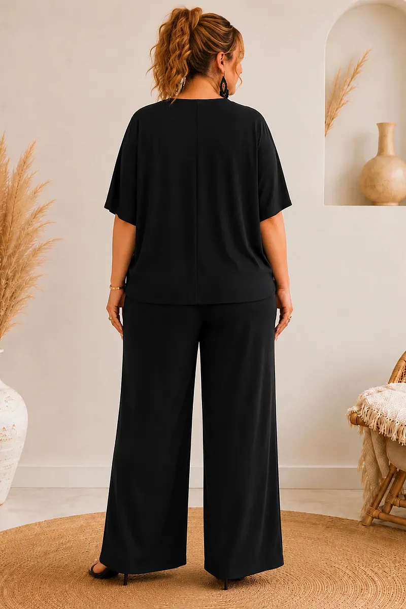 Plus Size Μαύρο Σετ Μπλούζα & Παντελόνα