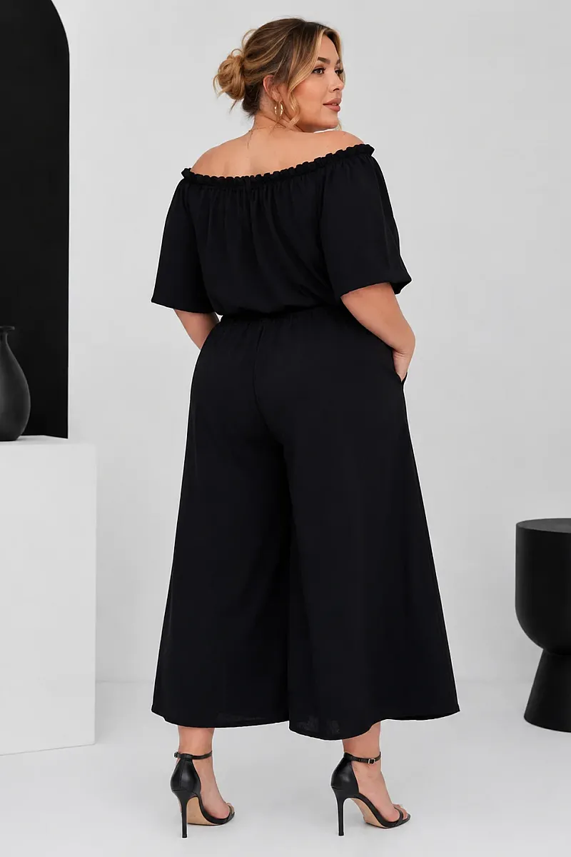 Plus Size Μαύρο  Σετ Με Crop Top & Ζιπ Κιλότ 