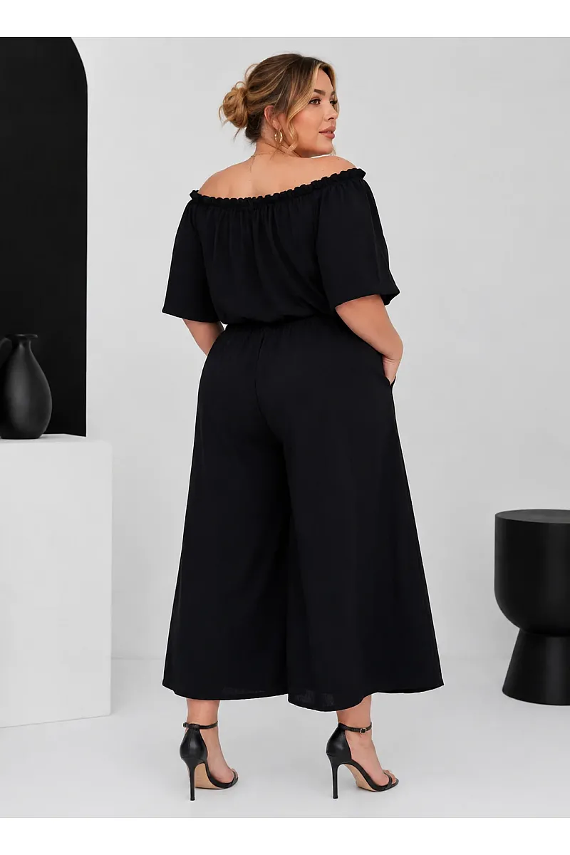 Plus Size Μαύρο  Σετ Με Crop Top & Ζιπ Κιλότ 
