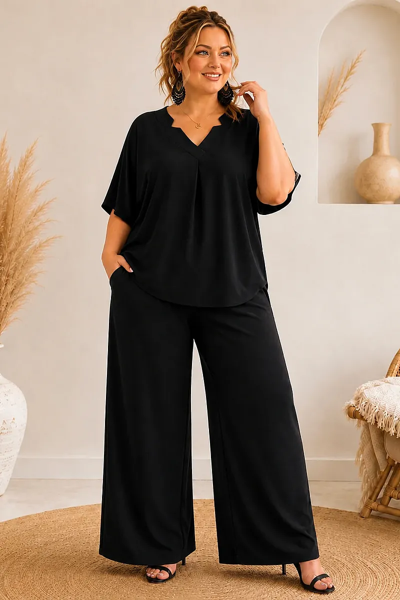 Plus Size Μαύρο Σετ Μπλούζα & Παντελόνα