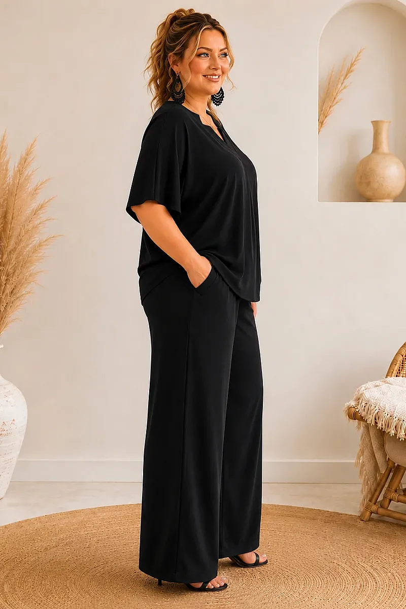 Plus Size Μαύρο Σετ Μπλούζα & Παντελόνα