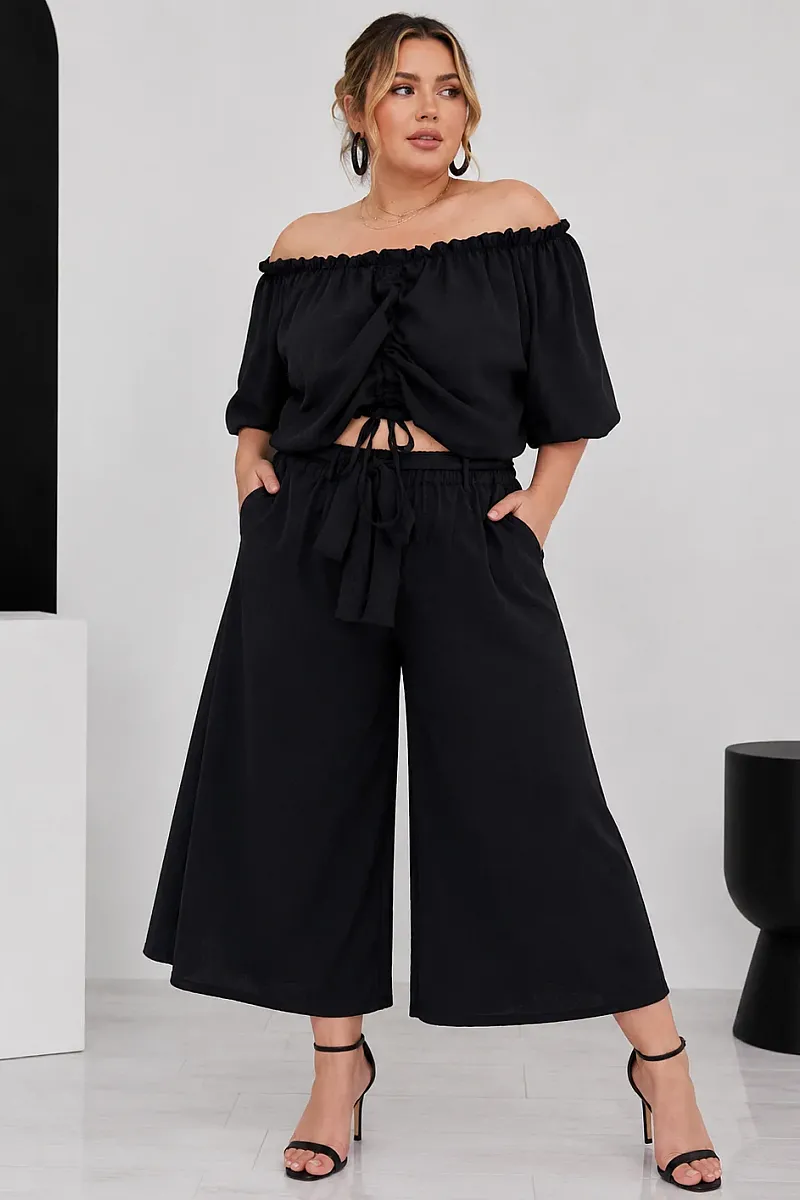Plus Size Μαύρο  Σετ Με Crop Top & Ζιπ Κιλότ 