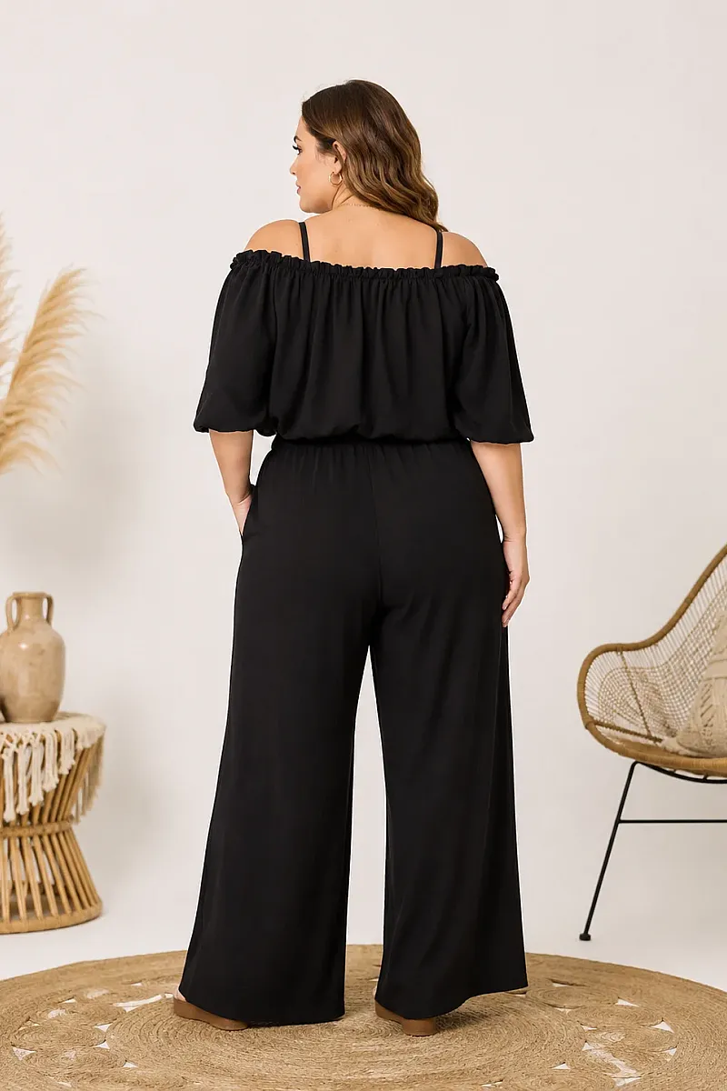 Plus Size Μαύρο Σετ Με Crop Top & Παντελόνα