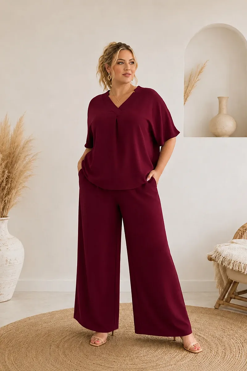Plus Size Μπορντό Σετ Μπλούζα & Παντελόνα