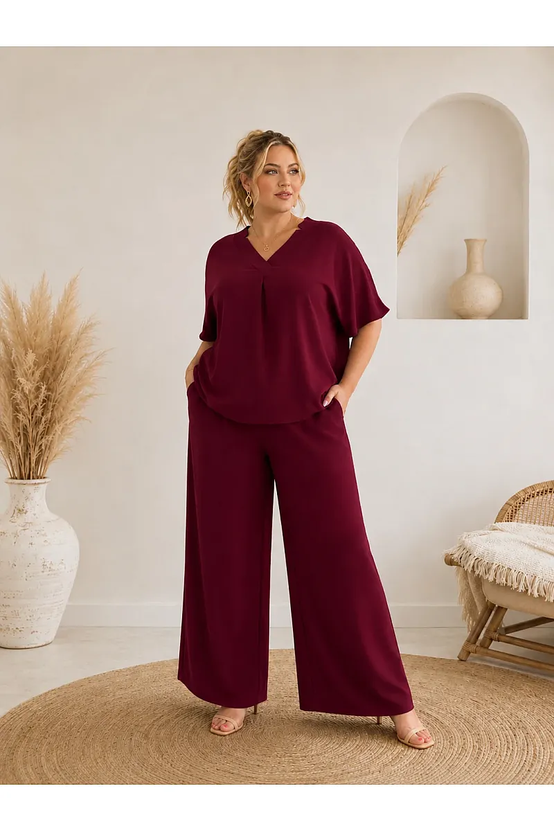 Plus Size Μπορντό Σετ Μπλούζα & Παντελόνα