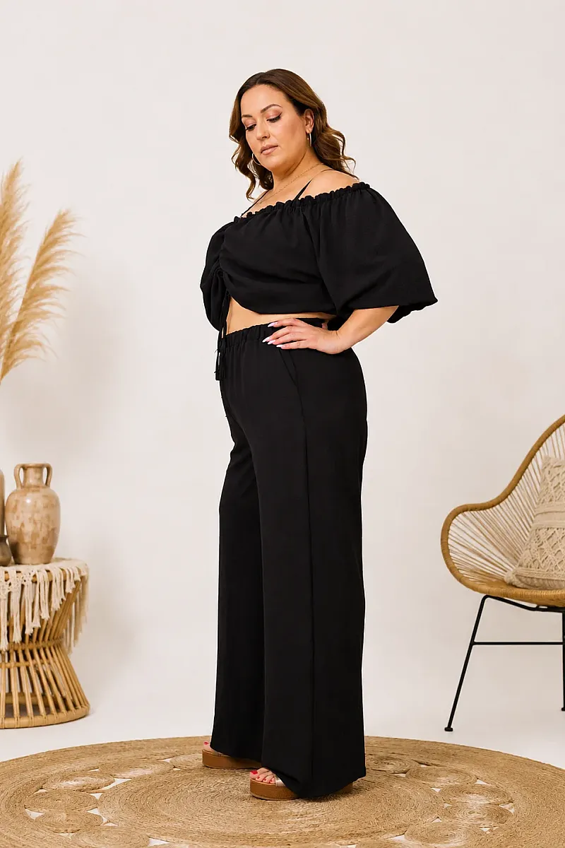 Plus Size Μαύρο Σετ Με Crop Top & Παντελόνα