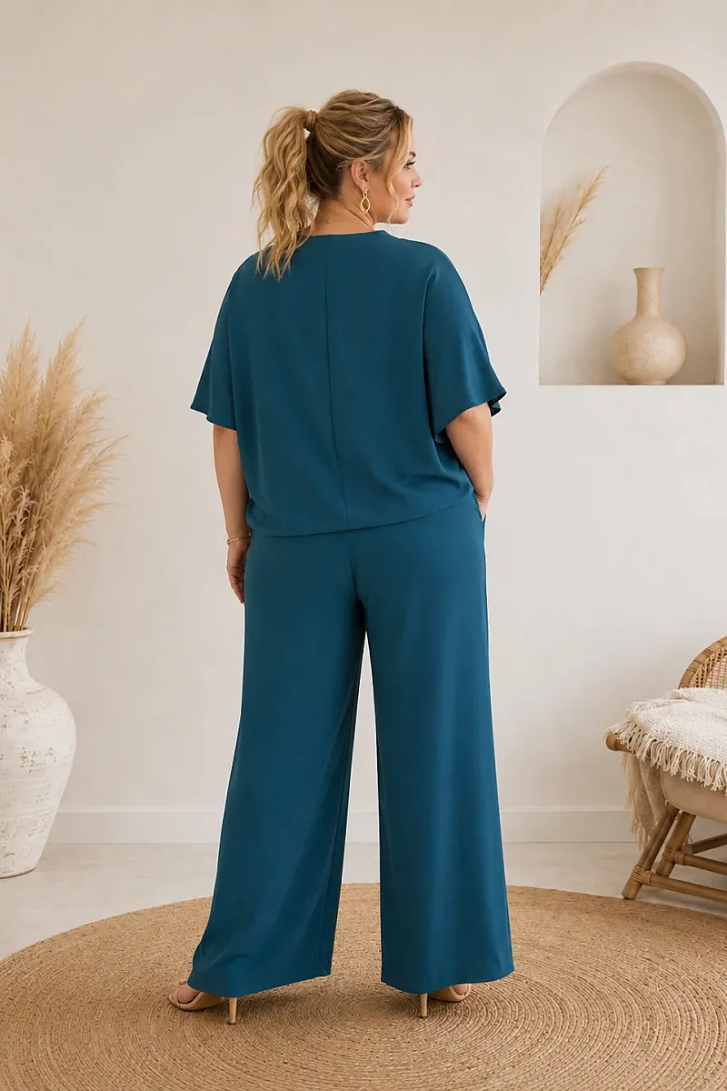 Plus Size Πετρόλ Σετ Μπλούζα & Παντελόνα