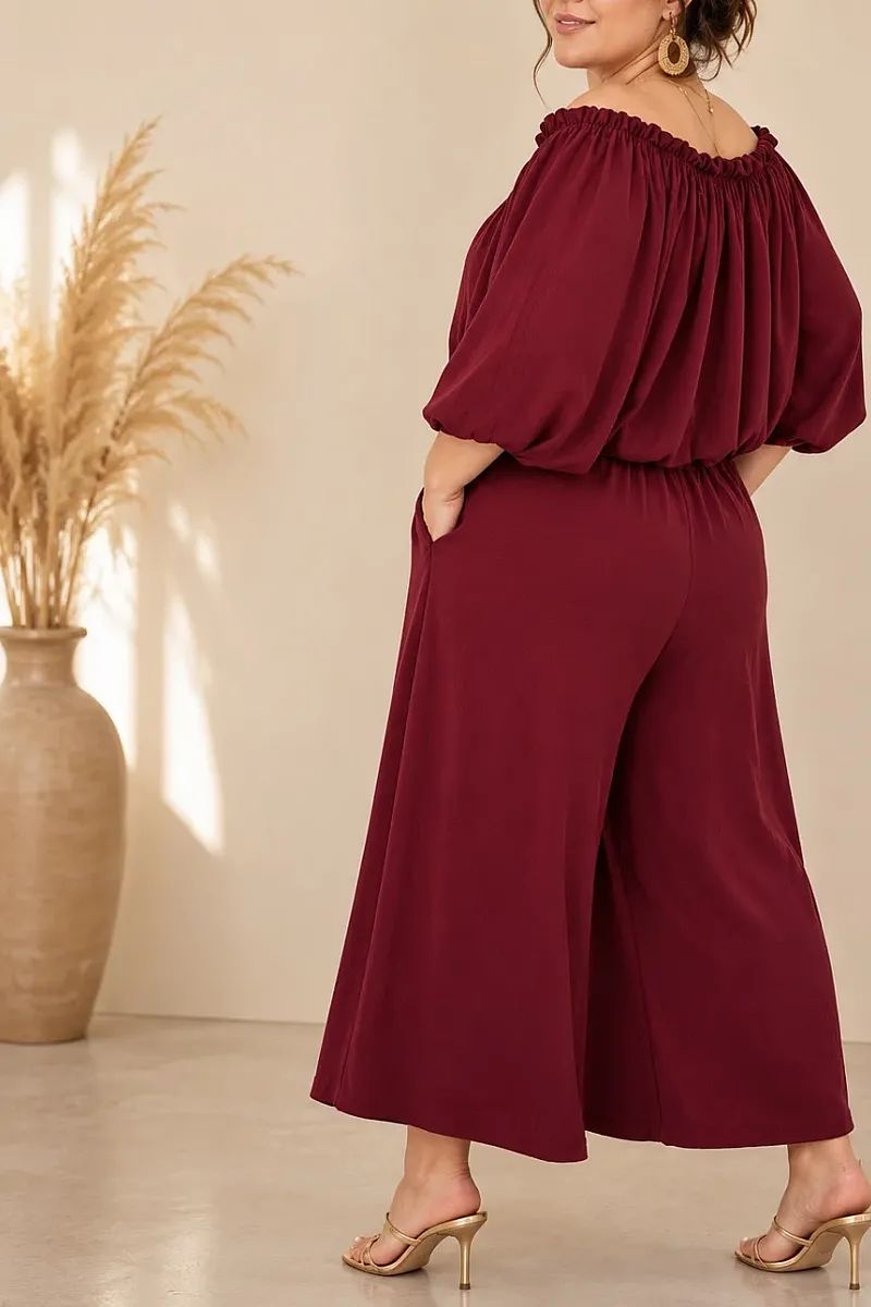 Plus Size Μπορντό Σετ Με Crop Top & Ζιπ Κιλότ 