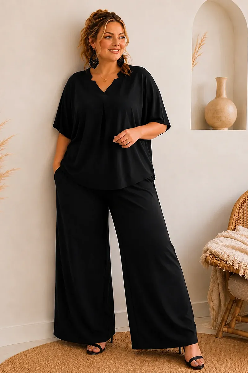 Plus Size Μαύρο Σετ Μπλούζα & Παντελόνα