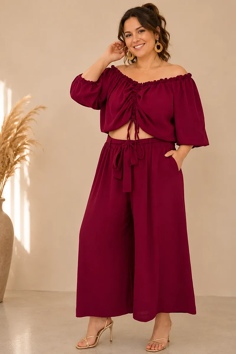 Plus Size Μπορντό Σετ Με Crop Top & Ζιπ Κιλότ 