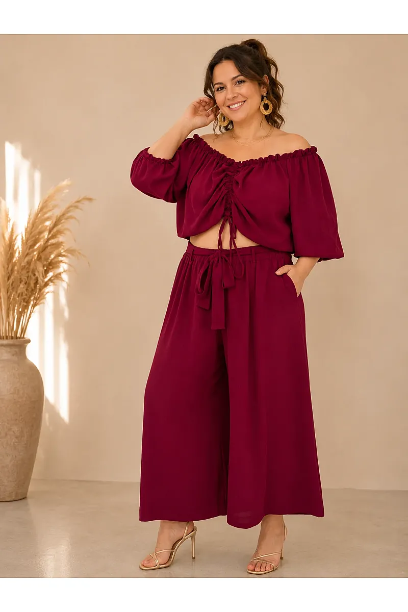 Plus Size Μπορντό Σετ Με Crop Top & Ζιπ Κιλότ 