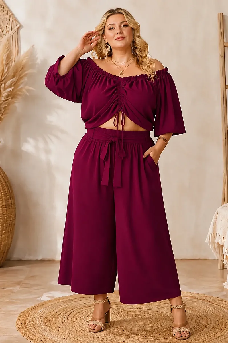 Plus Size Μπορντό Σετ Με Crop Top & Ζιπ Κιλότ 