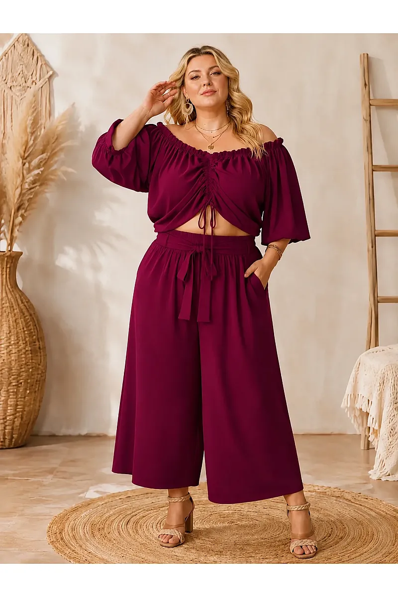 Plus Size Μπορντό Σετ Με Crop Top & Ζιπ Κιλότ 