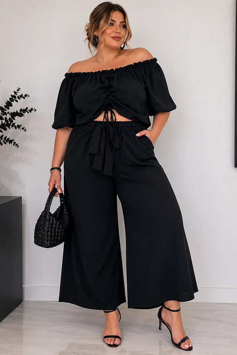 Plus Size Μαύρο  Σετ Με Crop Top & Ζιπ Κιλότ 