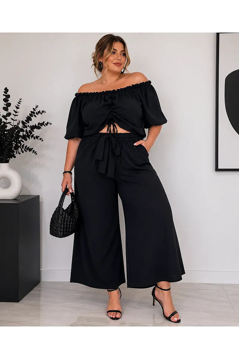 Plus Size Μαύρο  Σετ Με Crop Top & Ζιπ Κιλότ 