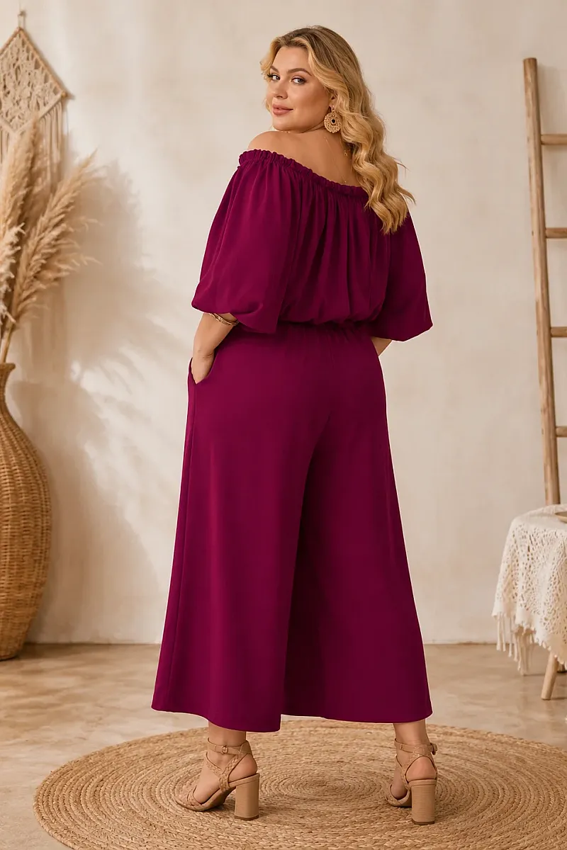 Plus Size Μπορντό Σετ Με Crop Top & Ζιπ Κιλότ 
