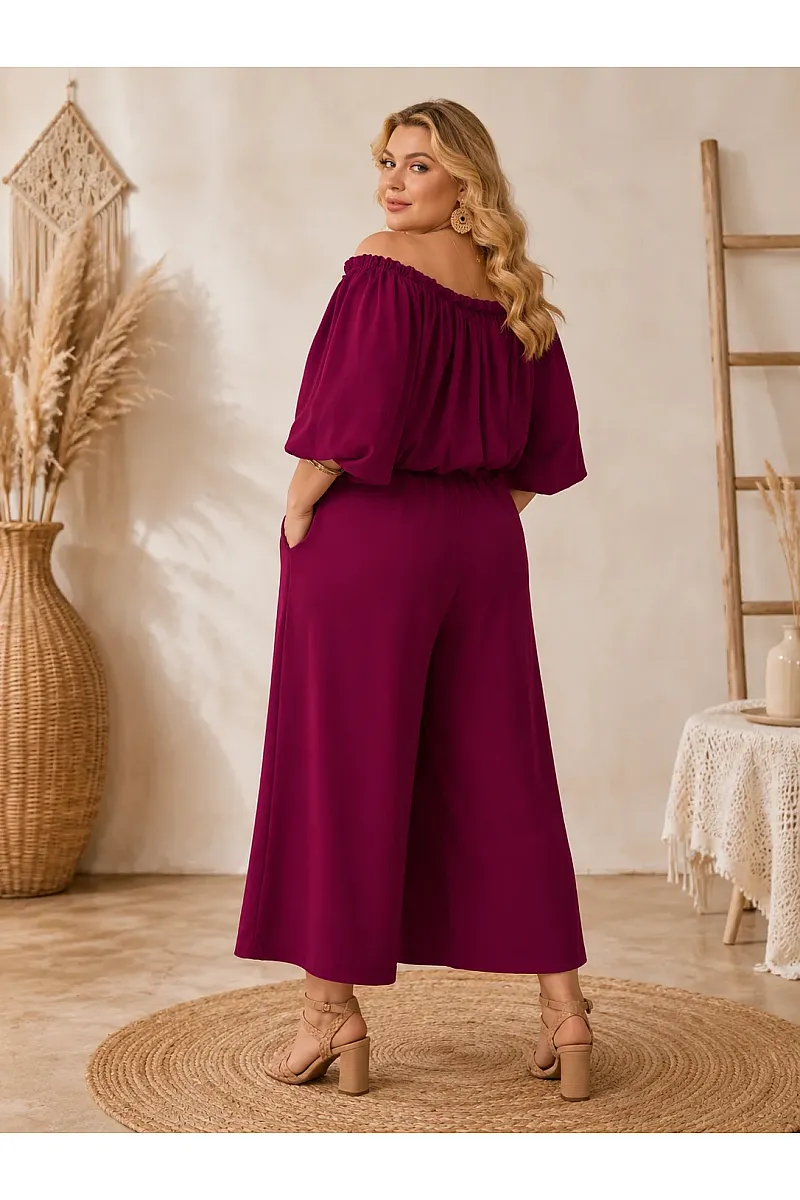 Plus Size Μπορντό Σετ Με Crop Top & Ζιπ Κιλότ 