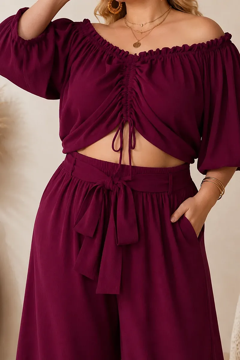 Plus Size Μπορντό Σετ Με Crop Top & Ζιπ Κιλότ 