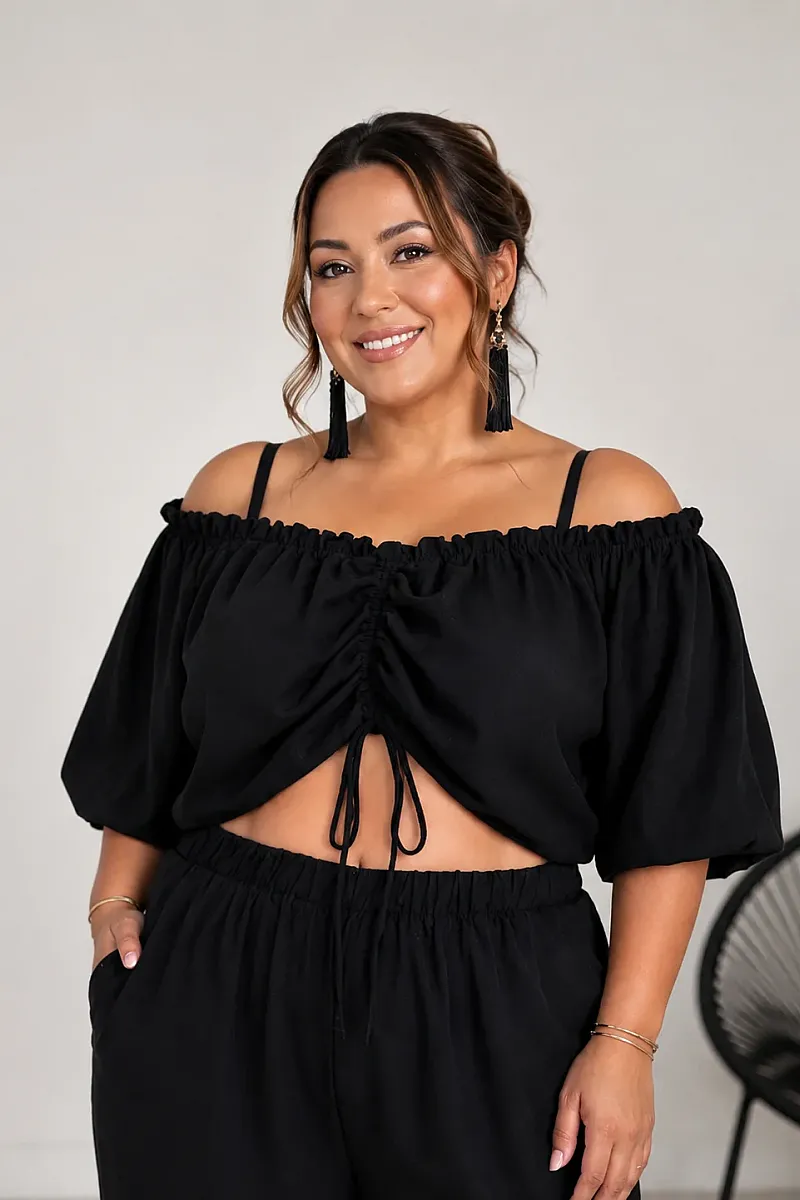 Plus Size Μαύρο Σετ Με Crop Top & Παντελόνα