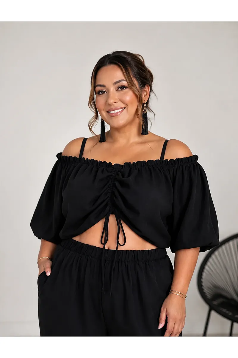 Plus Size Μαύρο Σετ Με Crop Top & Παντελόνα