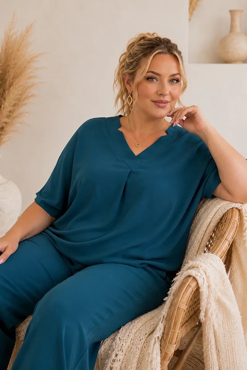 Plus Size Πετρόλ Σετ Μπλούζα & Παντελόνα