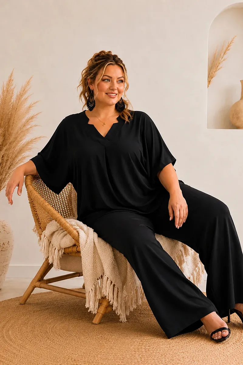 Plus Size Μαύρο Σετ Μπλούζα & Παντελόνα